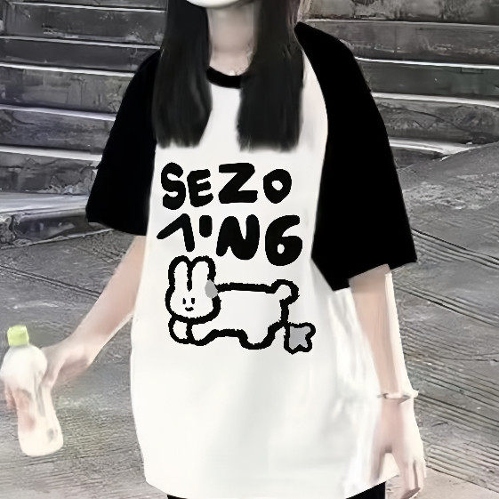 美式插肩短袖T恤女大童夏季2025新爆款初中高中学生宽松半袖上衣