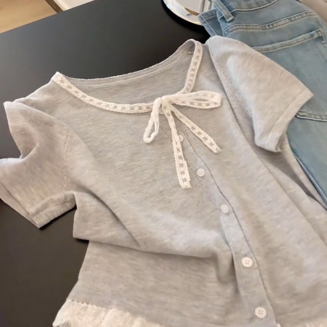 小香风假两件正肩短袖t恤女装夏季小个子设计感小众显瘦长袖上衣