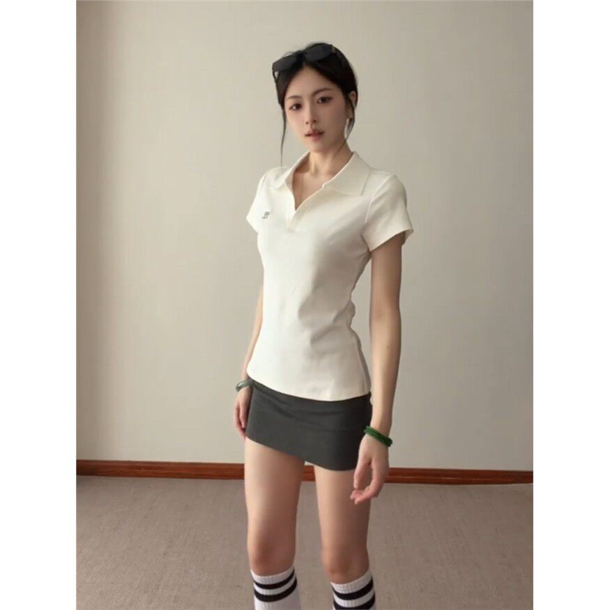 韩系气质V领正肩POLO衫t恤女夏季修身收腰翻领运动网球服短袖上衣