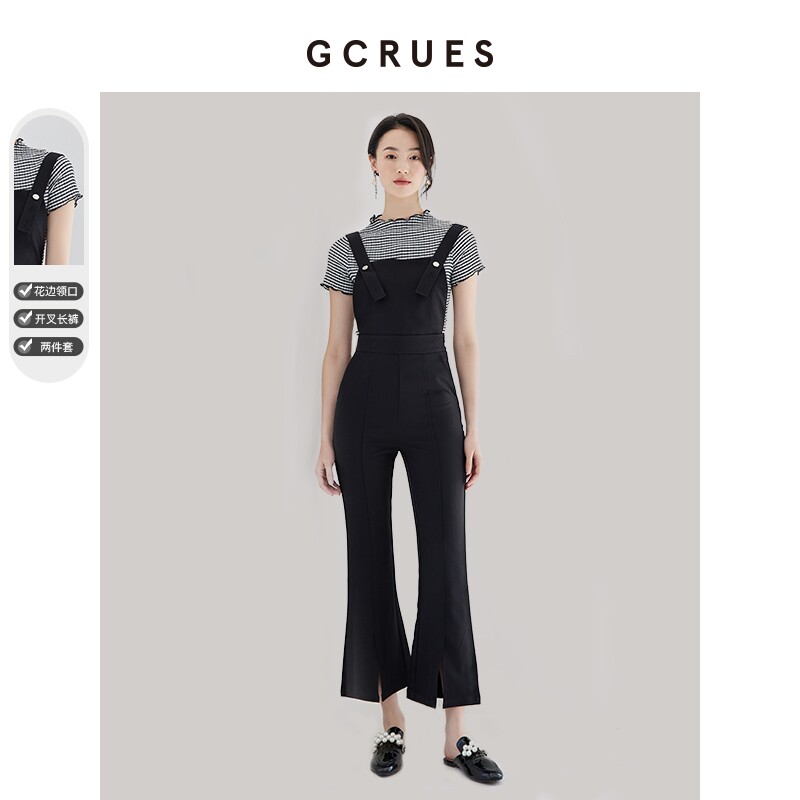 gcrues黑色开叉裤子套装2024夏季两件套女t恤背带裤韩系早春穿搭