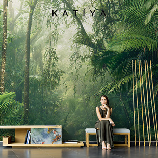 Katiya美式 手绘艺术森林壁纸客厅百年大树壁画电视背景墙无缝墙布