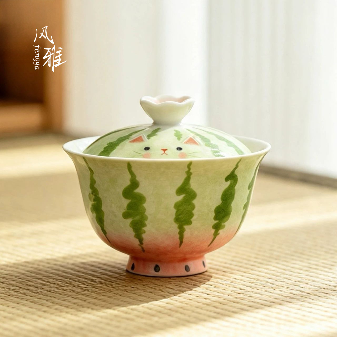 风雅手绘猫酣西瓜釉下彩陶瓷盖碗家用仿烫泡茶碗功夫茶具岩茶盖碗