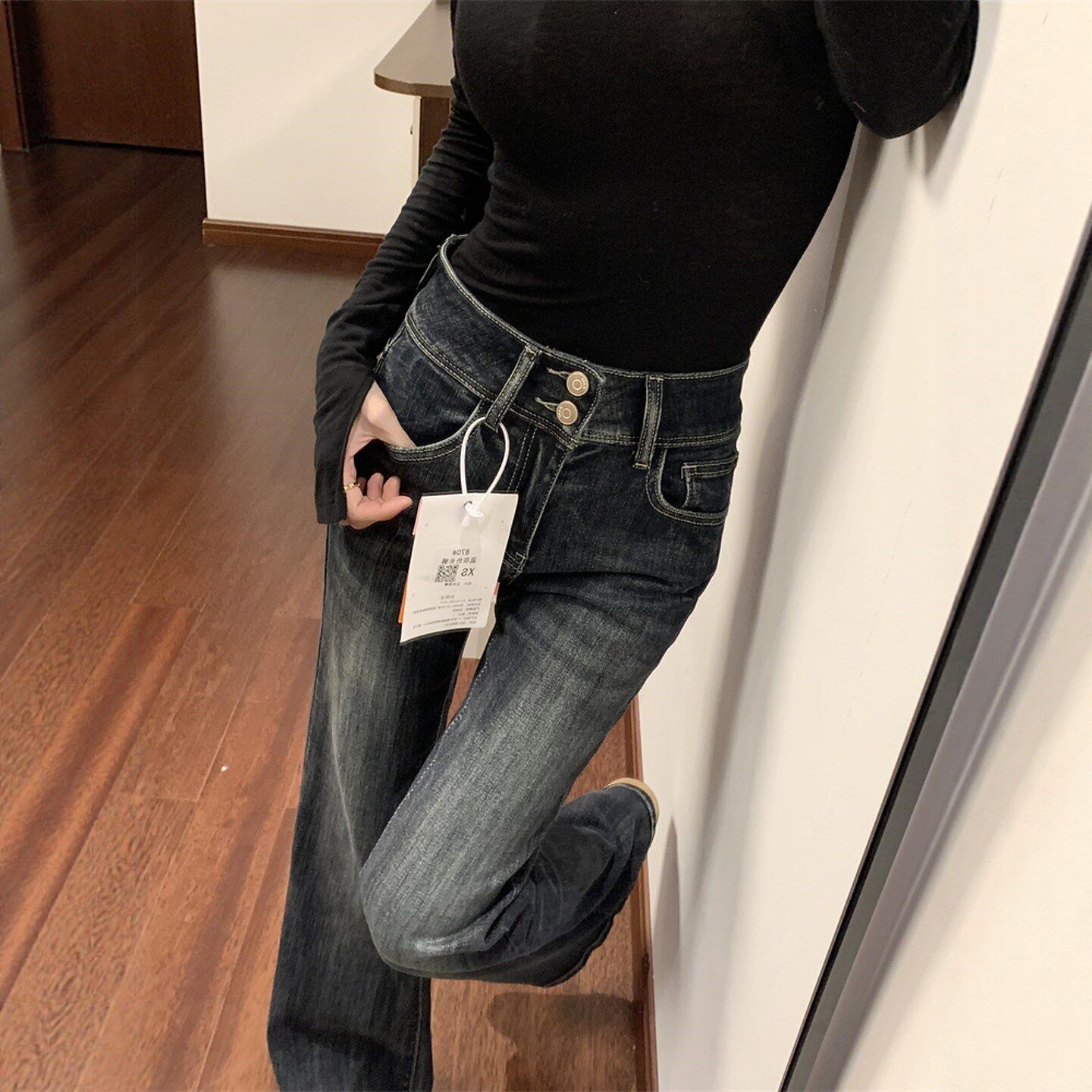 美式蓝灰色双扣微喇牛仔裤女秋冬新款加绒加厚阔腿裤高腰拖地裤