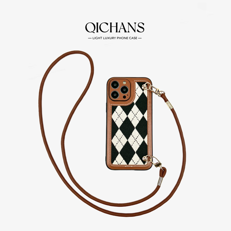 QICHANS七橙仕高级感菱格适用于苹果iPhone15/14/13/12/11/Plus/Promax手机壳（斜挎可背带挂绳链条 新款）