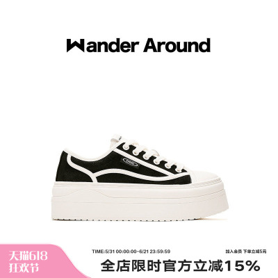 Wander around夏季薄款厚底增高6CM休闲百搭黑色帆布鞋女