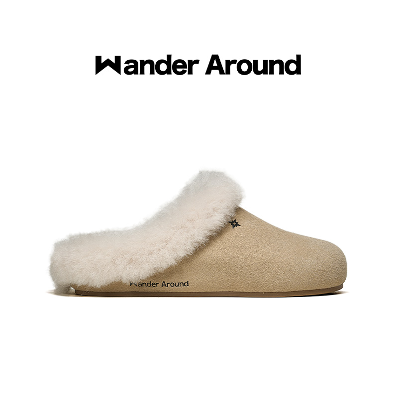 Wander around厚底增高牛皮绒面革加绒勃肯鞋复古休闲懒人毛拖女