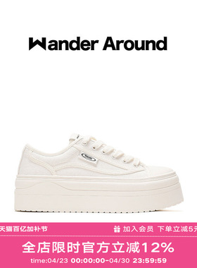 Wander around夏季薄款厚底增高6CM休闲百搭白色帆布鞋女