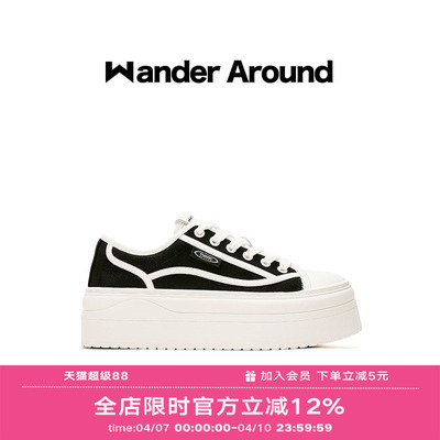 Wander around夏季薄款厚底增高6CM休闲百搭黑色帆布鞋女