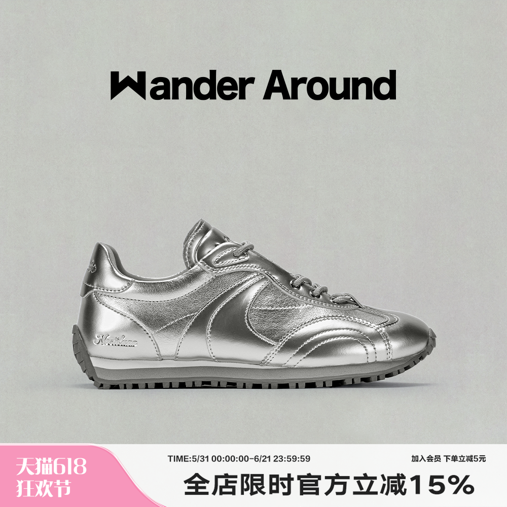Wander around漫行春秋款LUNA系列银色厚底阿甘鞋休闲德训鞋女