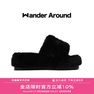 Wander around漫行2025冬季新款厚底增高黑色毛毛拖鞋女