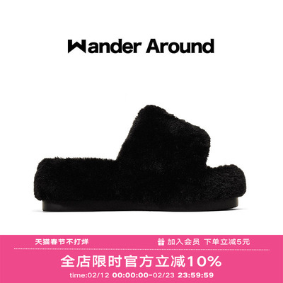 Wander around漫行2025冬季新款厚底增高黑色毛毛拖鞋女