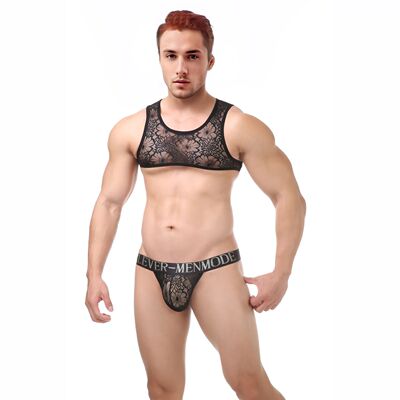 Men Lace Lingerie Suit Bra Thong Sexy Nightclub Sissy Bikini