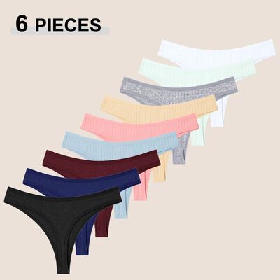 6Pcs/Set Women'S Cotton Fabric Thongs Panties Female Ribbed