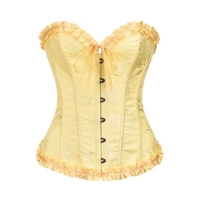 Yellow Jacquard Ruffled Trim Boned Sexy Overbust Push Up Bus
