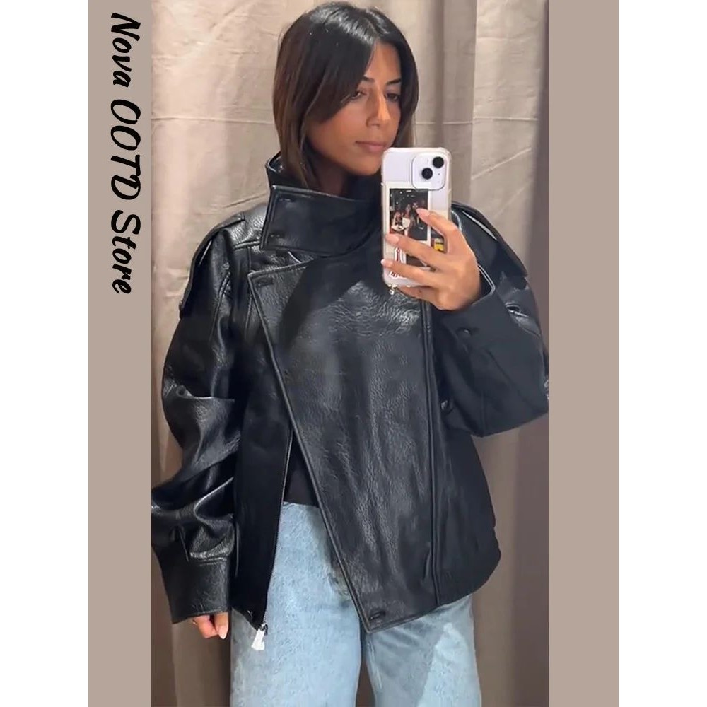 Stand Collar Short Leather Jacket Women Zipper Solid Single图片