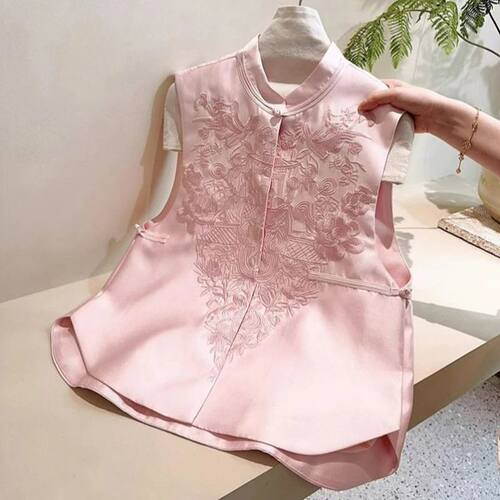 Vintage Sleeveless Vest Top New Chinese Style Pink Embroider