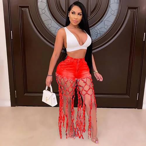 High Waist Denim Shorts Women Tassels Short Jeans Splice But