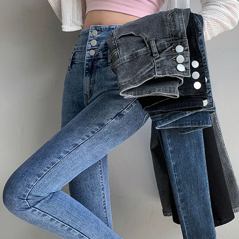New Women's High Waist Stretch Jeans Blue Black Gray Fashion图片
