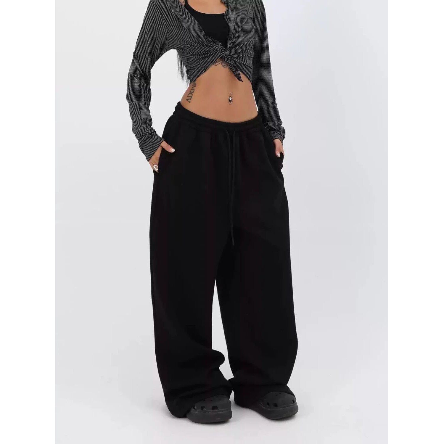 Retro Y2K Baggy Pants Fashion Women Pocket Elastic Waist Ove