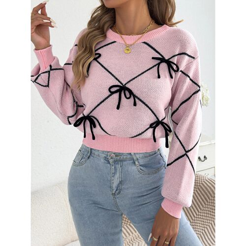 Y2K Plaid Bow Sweater Women Tartan Knot Accent Round Neck Co