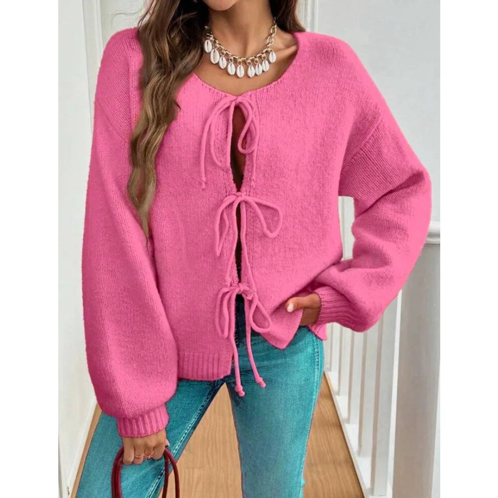 Women Solid Round Neck Lace Up Sweaters Cardigan Splice Knit