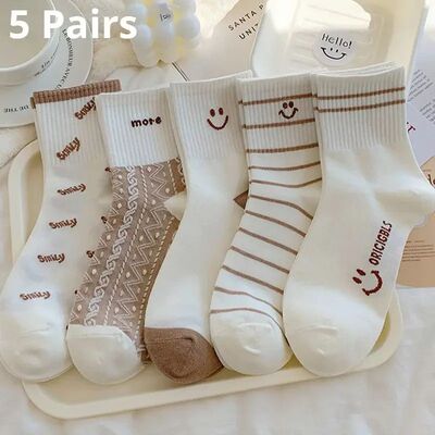 5 Pairs Women's Cute Smiling Mid Tube Print Socks Comfortabl