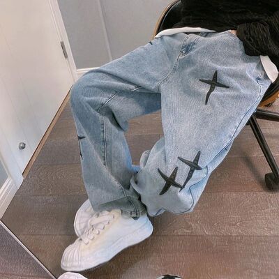 Prints Jeans Men 2023 New Streetwear Baggy Wide Leg Jeans Ko