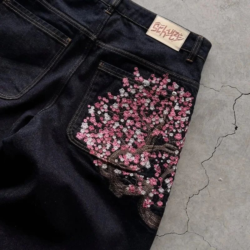 Y2K Baggy jeans Cherry Blossom Selvedge Embroidery Denim Pan