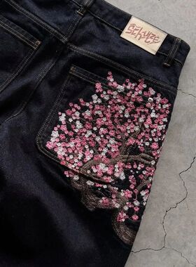 Y2K Baggy jeans Cherry Blossom Selvedge Embroidery Denim Pan