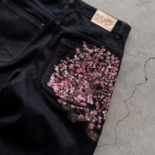 Y2K Baggy jeans Cherry Blossom Selvedge Embroidery Denim Pan