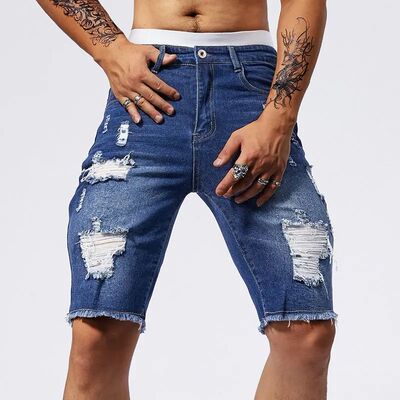 Men's Fashion Ripped Denim Shorts Stretch Slim Vintage Knee-
