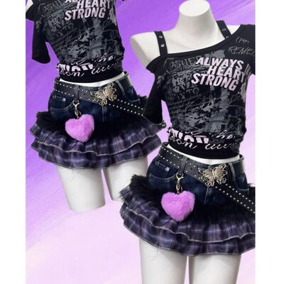 Purple Y2K Patchwork Plaid JK Skirt Women Vintage Millennial