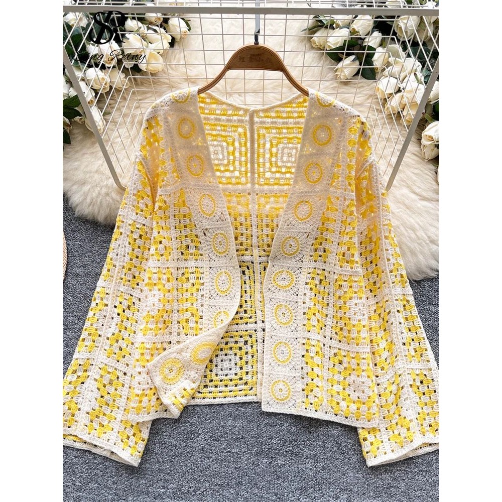 SINGREINY Vintage Boho Loose Plaid Cardigans Female Long Sle