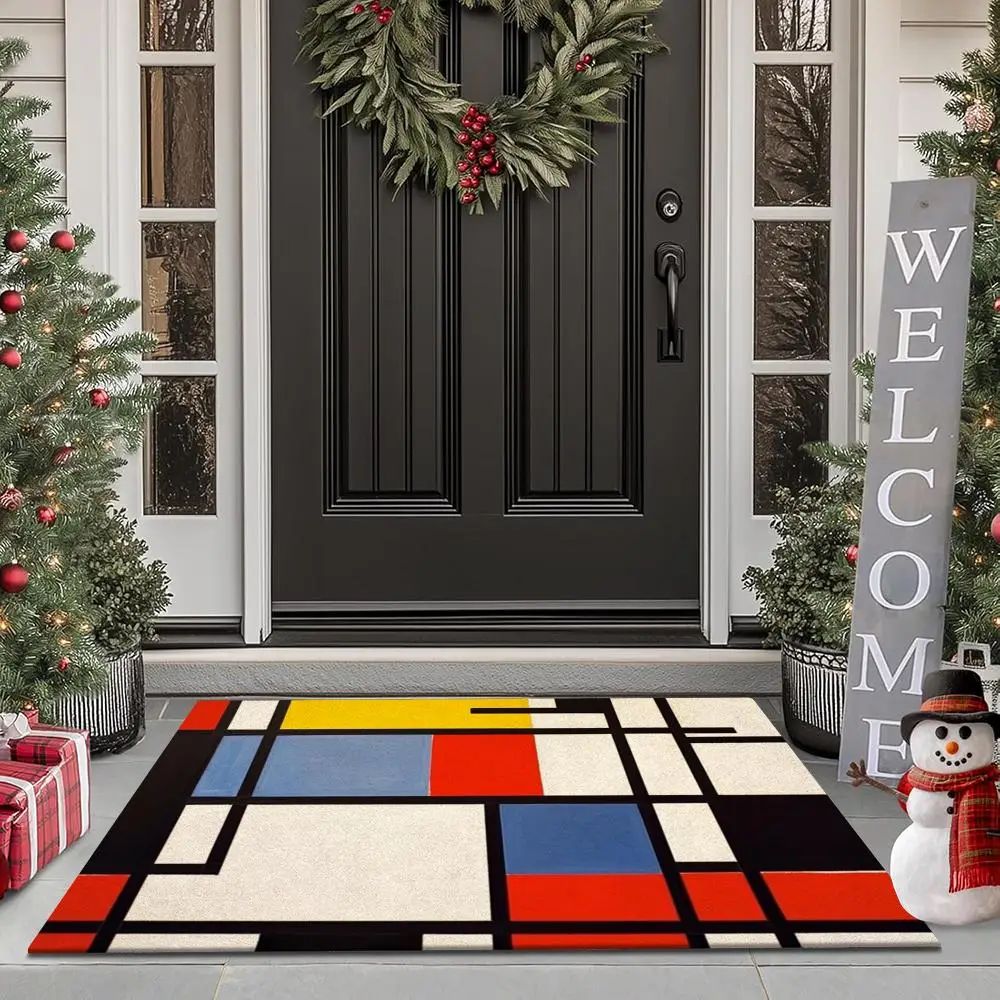 Abstract Mondrian Print Floor Mat Flannel Rugs Soft Winter W