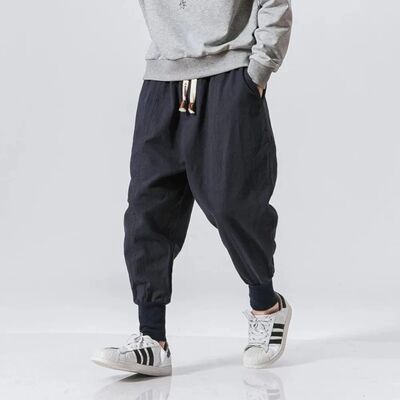 Cotton Linen Harem Pants Men Streetwear Joggers New Baggy Dr