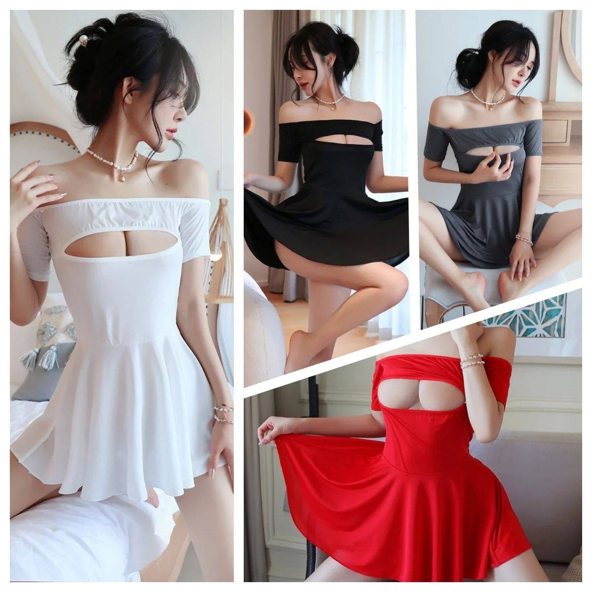 4 Colors Sexy Lingerie Bra Hollow Out Dress Middle Sleeve Ex