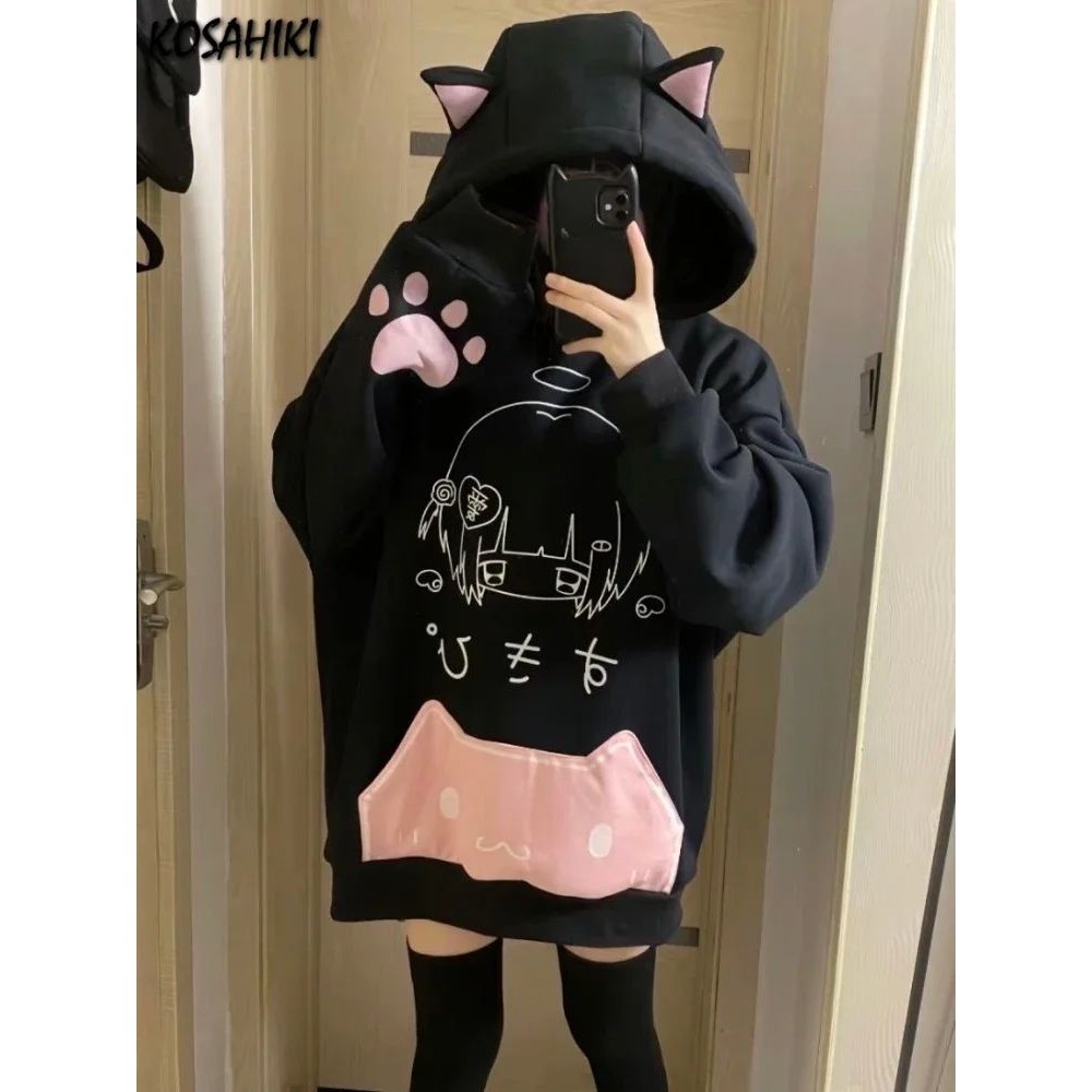 Japanese Cartoon Print Fleece Hoodies Women Harajuku Gothic