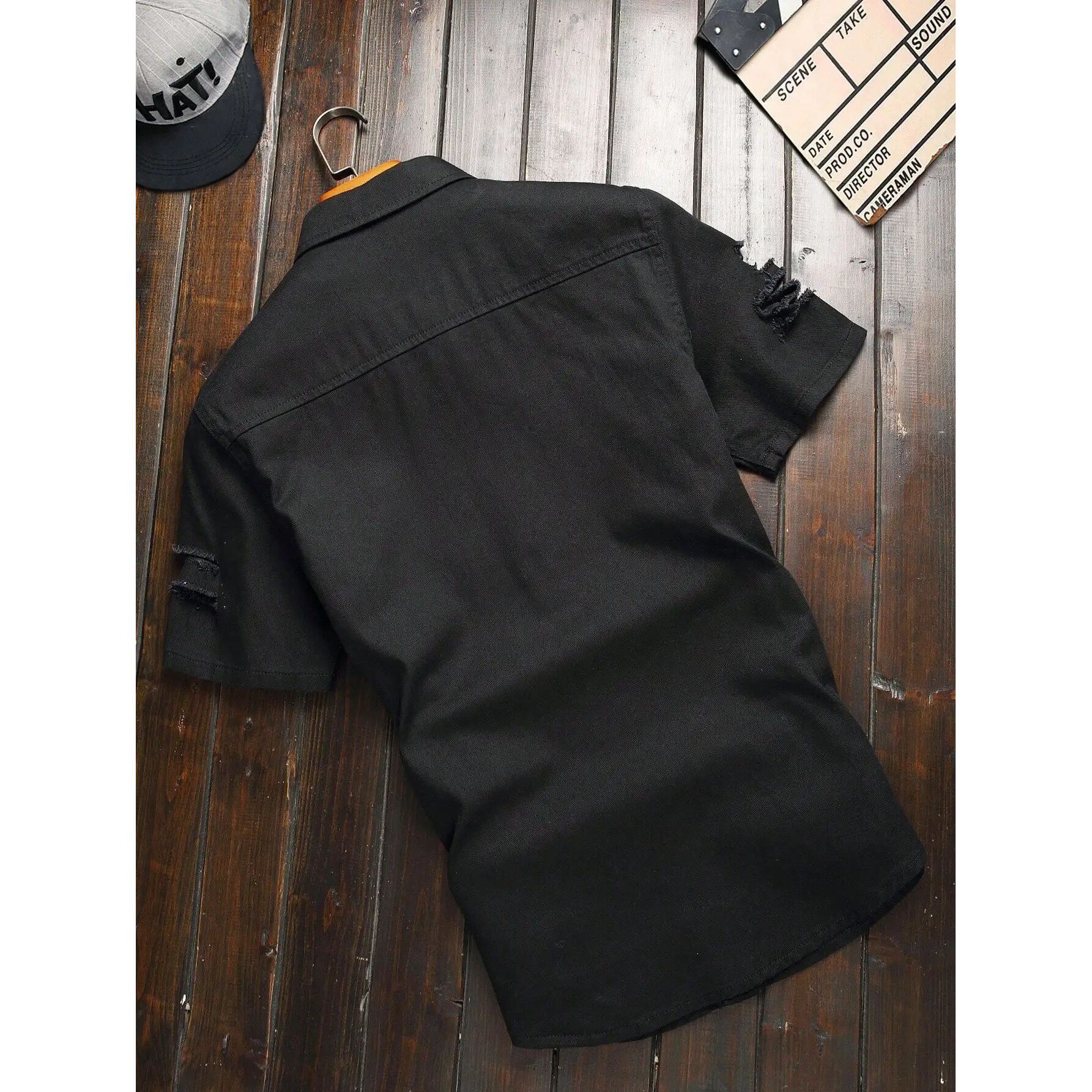 Men Ripped Flap Pocket Denim Shirt Short Sleeve