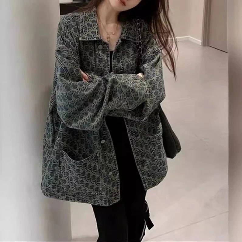 Women Denim Coats Print Single Breasted Coat Casual Turn Dow