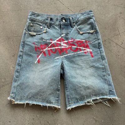 Y2K Graffiti Jorts Rhinestone Distressed Printed Denim Short