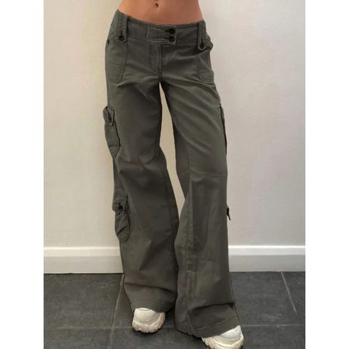 Button Low Waist Y2K Denim Pants Women Pockets Stitching Str
