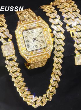 Gold Color Cuban Chain Watch for Men,Hip Hop Miami Curb,Iced