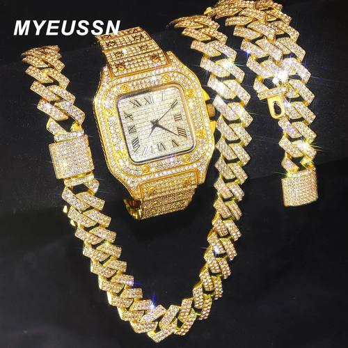 Gold Color Cuban Chain Watch for Men,Hip Hop Miami Curb,Iced