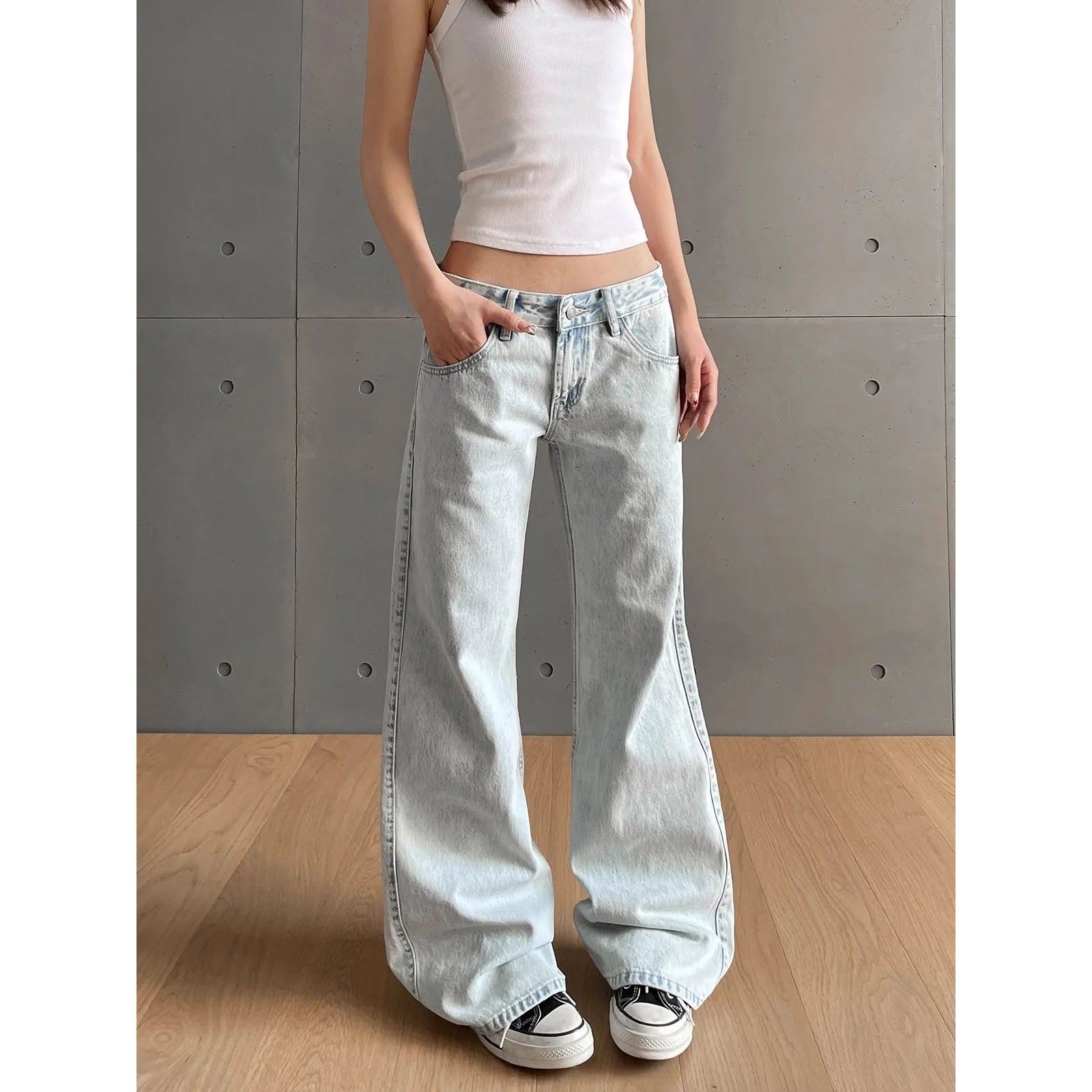 y2k Vintage Women Jeans Low Waist Zipper Button Solid Trouse