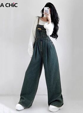 REDDACHiC 90s Retro Green Wash Women Jumpsuit Pleated Pocket