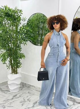 Summer New Women's Denim One-Piece Pants Long Sleeves Collar