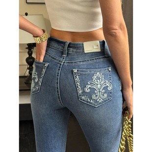 Flared Denim Embroidered High Women Waist for Trendy Pants
