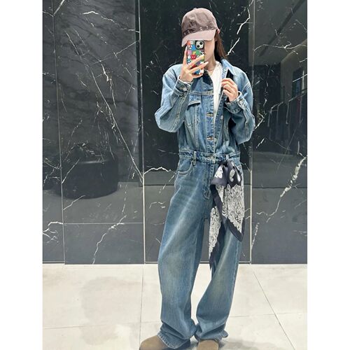 Blue Washed Retro Jumpsuit Women'S 2025 Autumn And Winter Ne