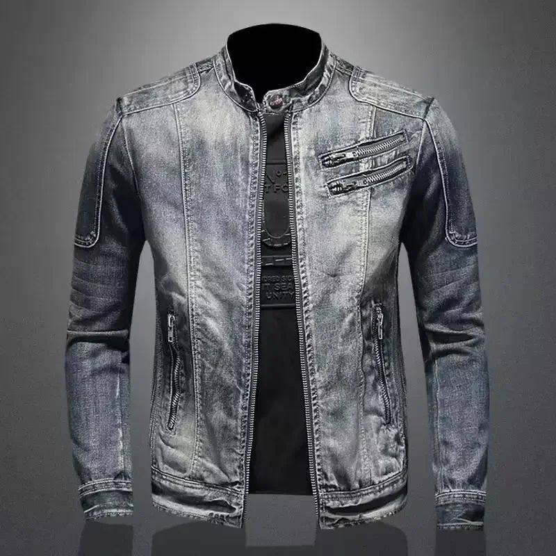 Trendy Stand Collar Zip-Uplapel Motorcycle Denim Jacket Uniq