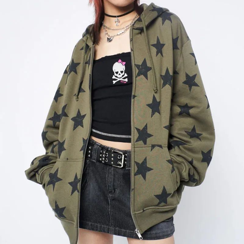 Y2k Clothes Vintage Star Oversized Sweatshirt Jacket Harajuk